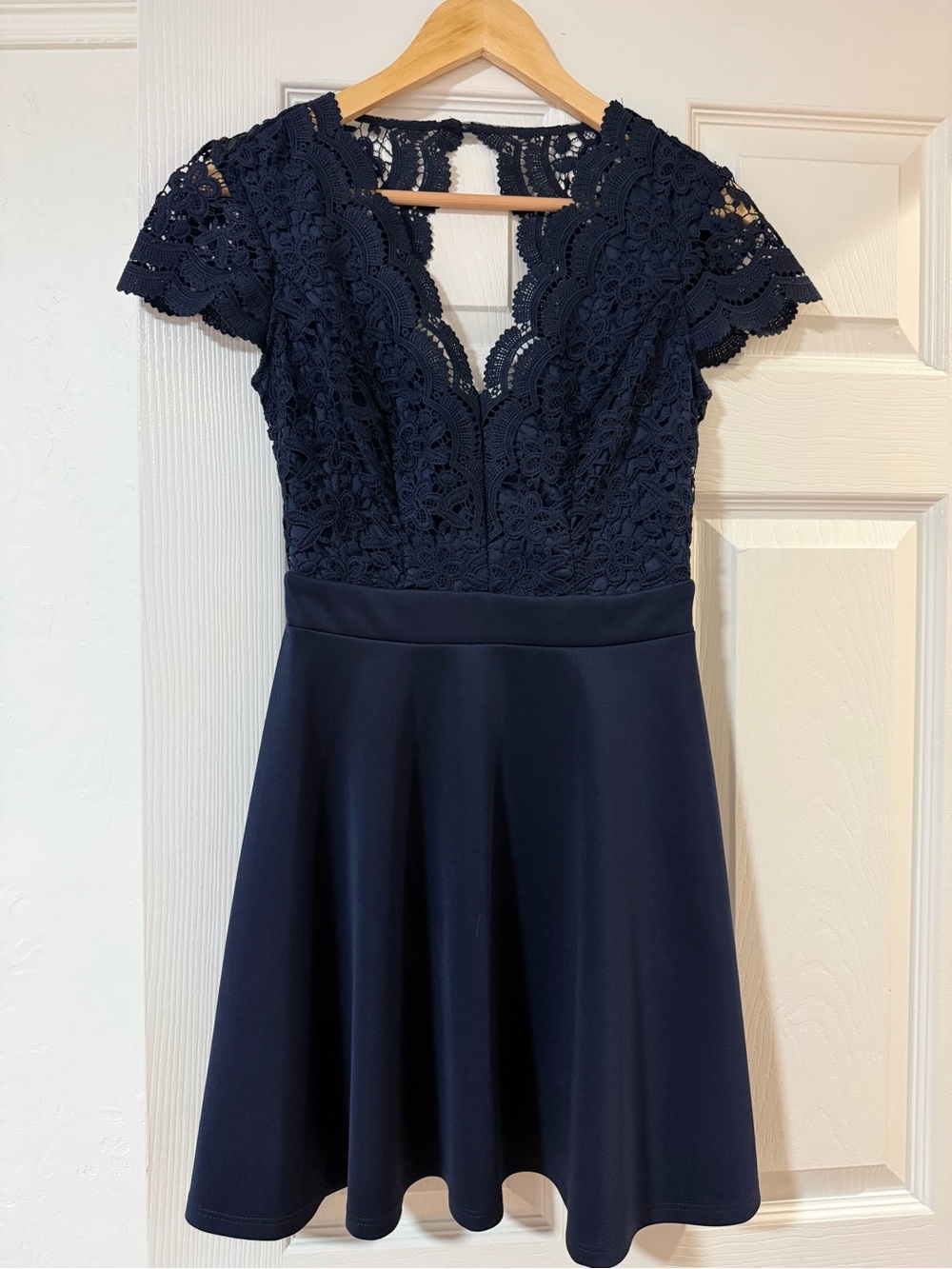 B Darlin Navy Lace Short Sleeve Fit-and-Flare Mini Dress